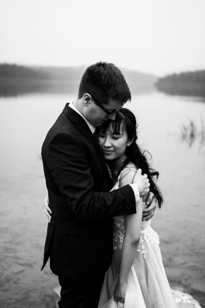 Black and white portrait of bride and groom 