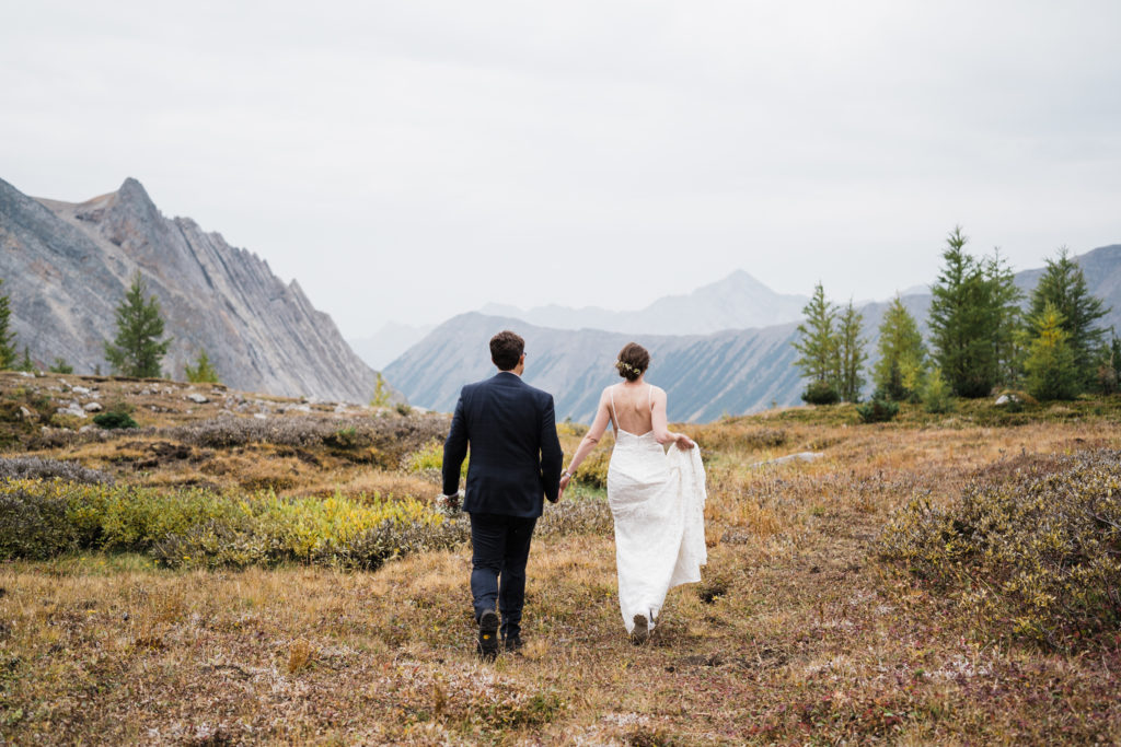 Bride and groom walk away from the camera in sub alpine meadow in Kananaskis, Alberta. 