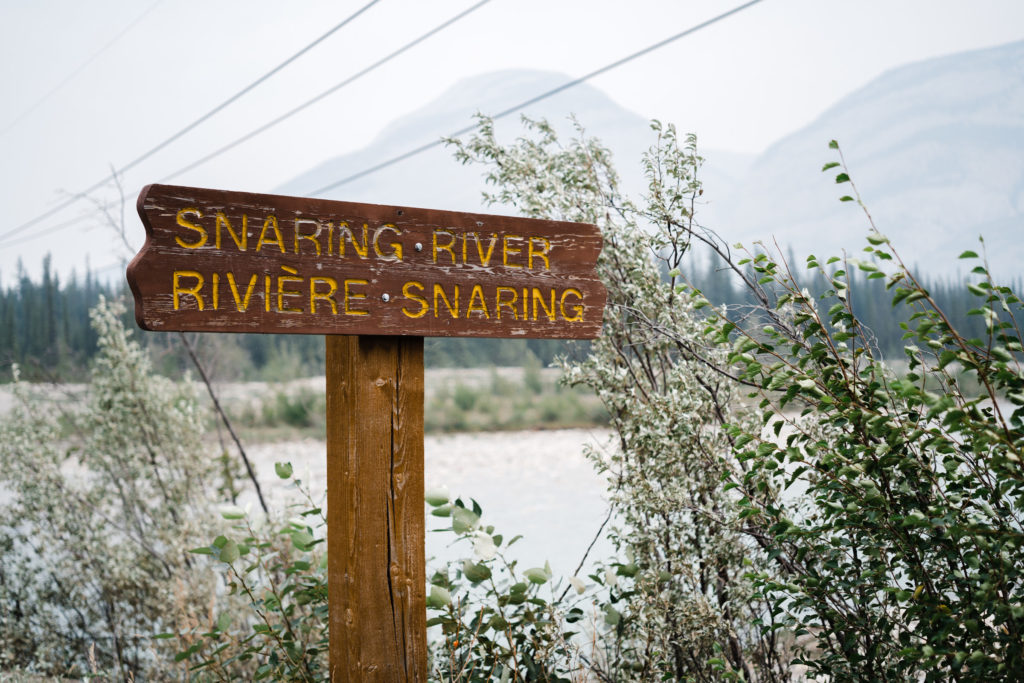 Snaring River sign in Jasper National Park. 