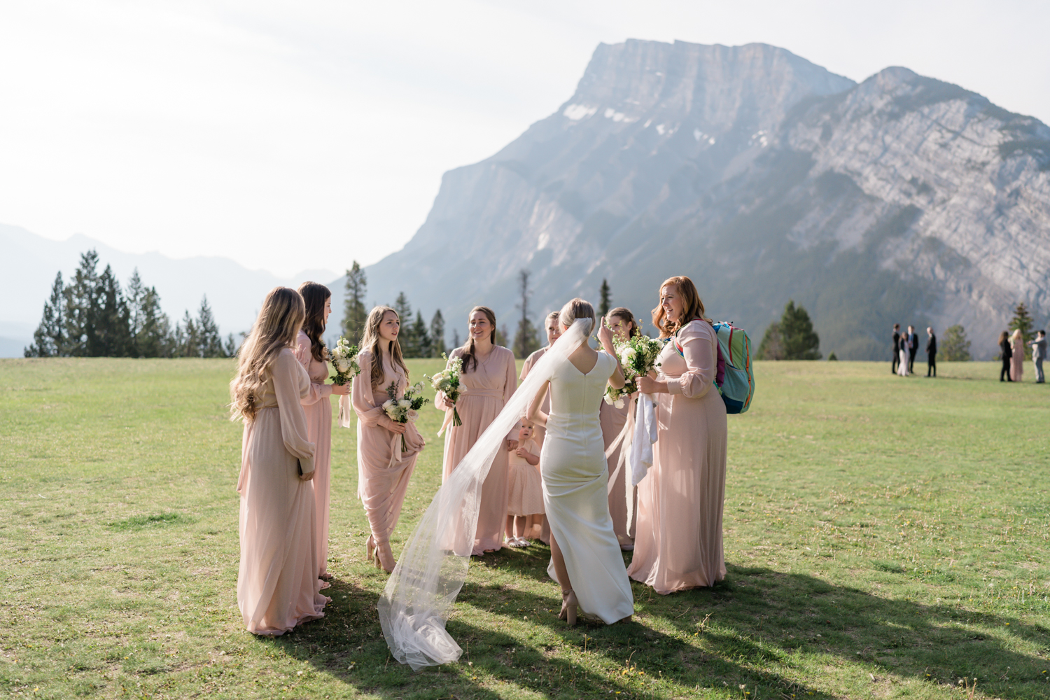 bride stands with group of bridesmaids dressed in pink at Tunnel Mountain in Banff 
