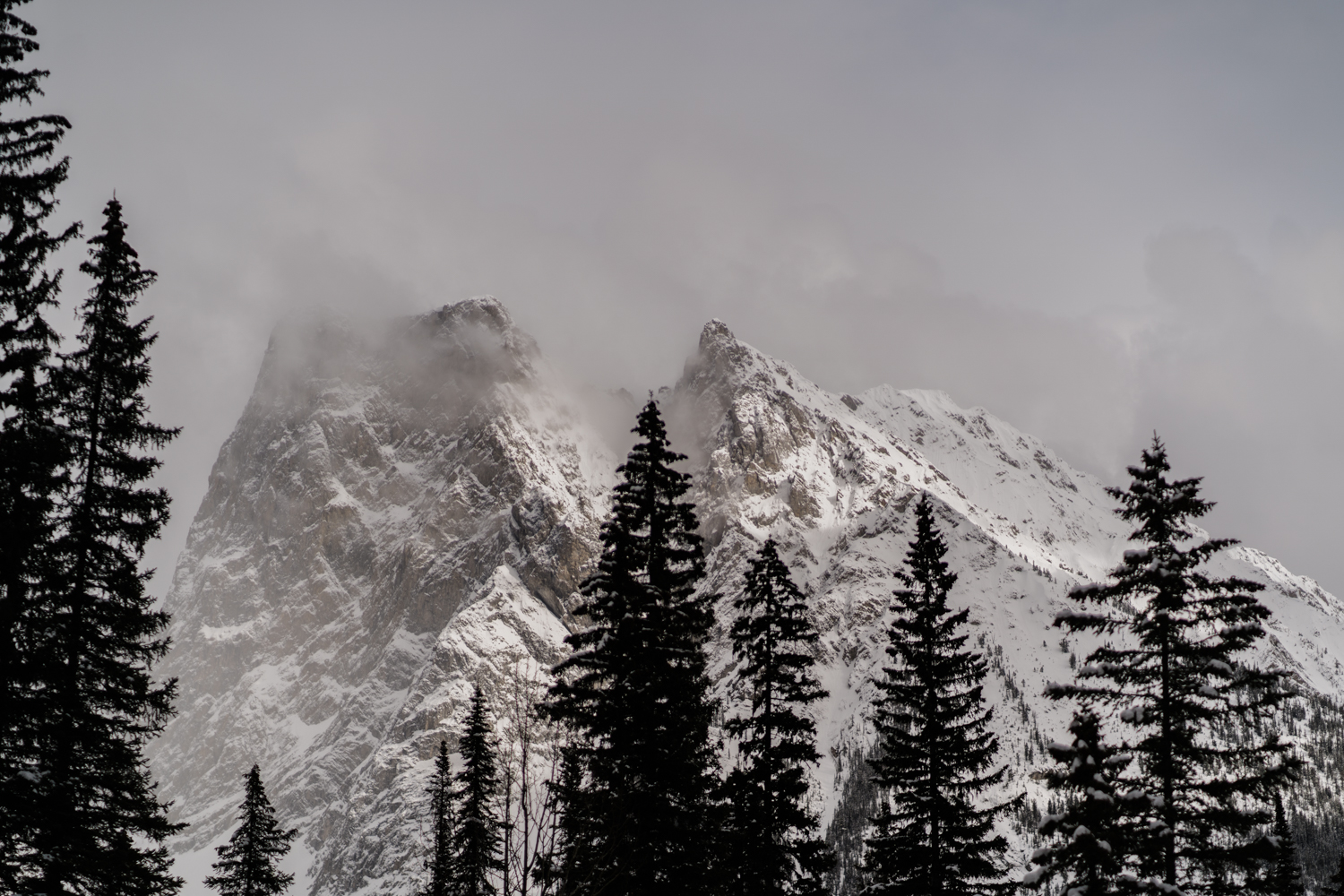 The snow dusted peaks in the clouds in Yoho National Park