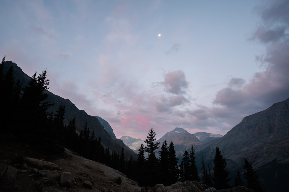 pink clouds in the sky with the moon over some mountains in Banff National Park by Peyto Lake