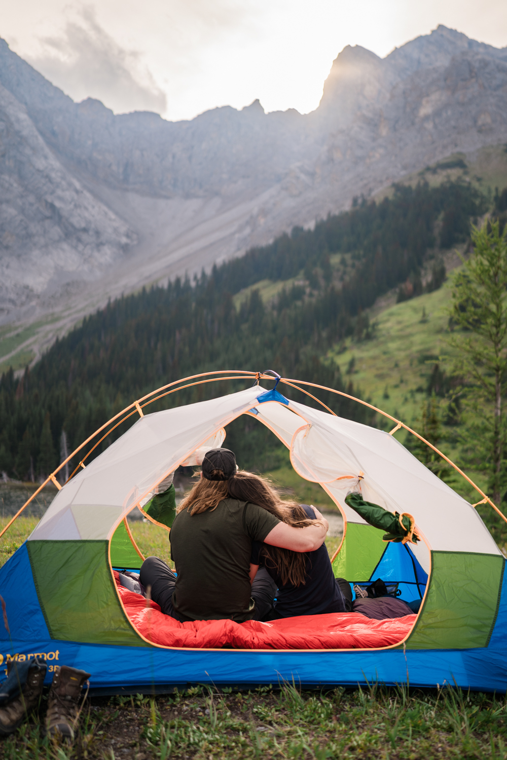 A romantic couples portrait amidst the untouched wilderness of a Kananaskis backcountry camping elopement.